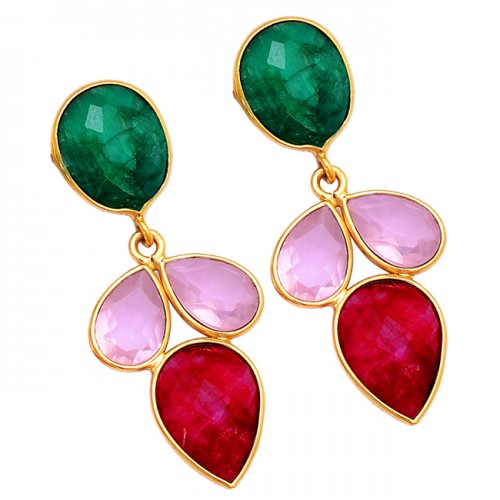 Emerald + Rose Chalcedony + Ruby Earrings- حلق الروبي و الزمرد و العقيق الوردي