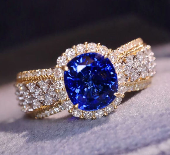 Sapphire Gemstone  &  White Topaz Ring -  خاتم الزفير - الياقوت الازرق