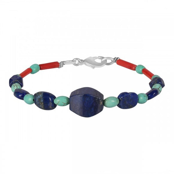 Lapis-Turquoise-Red Coral Beaded Bracelet- اسوارة حجر الازورود -الفيروز -المرجان الأحمر