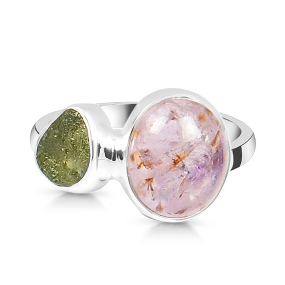 Cacoxenite & Moldavite Ring- حجر المولدفايت والكوارتز الارجواني