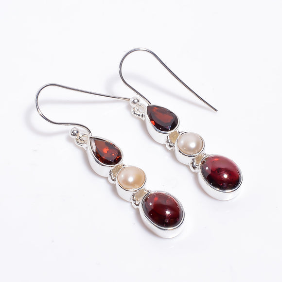 Garnet Pearl Gemstone Dangle Earrings - حلق حجر الجارنيت والؤلؤ