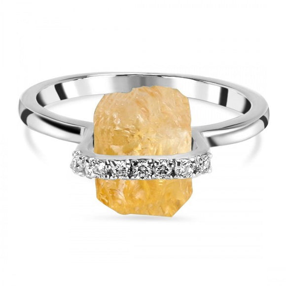 Citrine Raw Crystal & White Topaz Ring - حجر السترين والتوباز الابيض