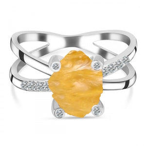 Citrine Raw Crystal & White Topaz Ring - حجر السترين والتوباز الابيض