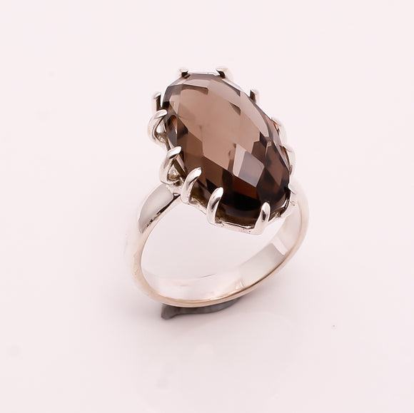 Faceted Smoky Gemstone Ring- خاتم حجر السموكي كوارتز