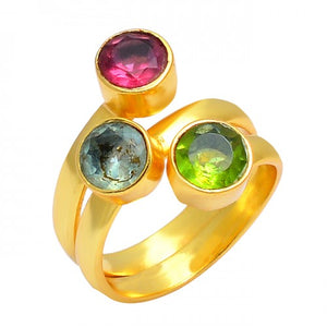 Pink Quartz+ Blue Topaz+ Peridot Ring- خاتم الروز كوارتز، التوباز الأزرق، و الزبرجد