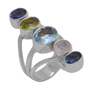 Apatite + Peridot + Blue Topaz + Rainbow Moonstone ring- خاتم حجر الاباتايت، الزبرجد، التوباز الأزرق، وحجر القمر