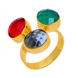 Saphire Quartz + Red Quartz + Green Quartz Ring- خاتم حجر الزفير، و الكوارتز الأحمر، و الكوارتز الأخضر