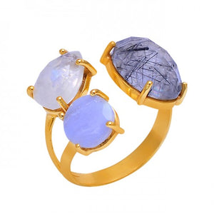 Rainbow Moonstone + Black Rutile + Blue Lace Agate Ring-خاتم حجر القمر، الروتيل الاسود، و حجر العقيق الازرق