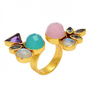 Amethyst + Peridot + Rainbow Moonstone + Aqua Chalcedony + Rose Chalcedony  Ring-خاتم الامثيست+ الزبرجد + حجر القمر + العقيق الأبيض المائي +العقيق الوردي