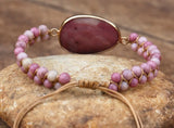 RHODONITE LEATHER BRACELET - اسوارة حجر الروزنايت | يزيد الهدوء، يقلل من المقارنة، يزيد الثقة، التغلب علي العجز