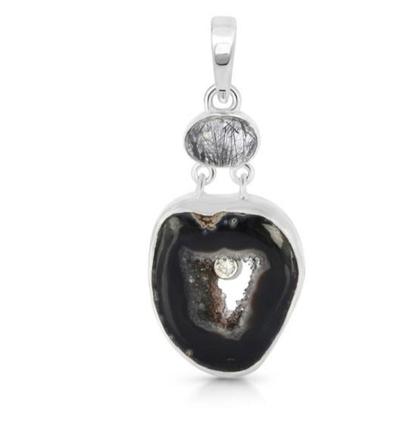 Agate (Black) Pendant  & Rutile quartz   - تعليقة العقيق الاسود - حجر التدرع من الاختراق الطاقي