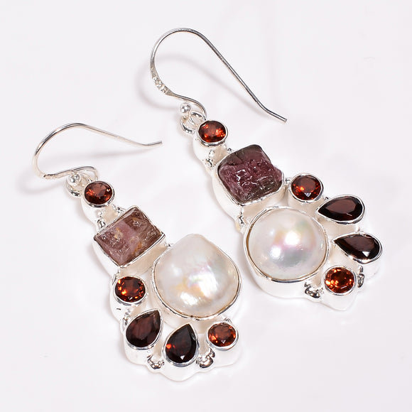 Pearl Tourmaline Gemstone Dangle Earrings - حلق التورمالين، الجارنيت، اللؤلؤ