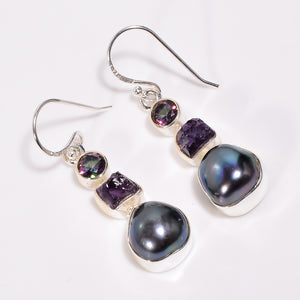 Black Pearl ,Mystic Topaz, Amethyst Earrings- حلق اللؤلؤ الاسود والتوباز الصوفي والامثيست