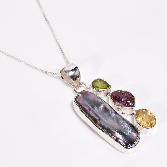 BlackPearl,Peridot, Citrine, Ruby Gemstone  Neckless - قوة، حكمة، مال ، ضبط للنفس