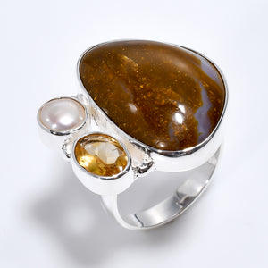 Youngite Citrine Pearl  Gemstone Ring - خاتم حجر السترين الؤلؤ واليونجايت