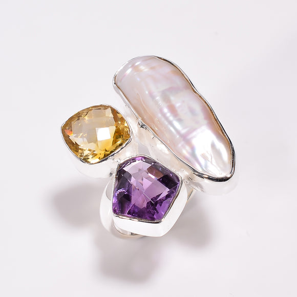 Baroque Pearl Amethyst Gemstone Ring - لؤلؤ - أمثيست - سترين