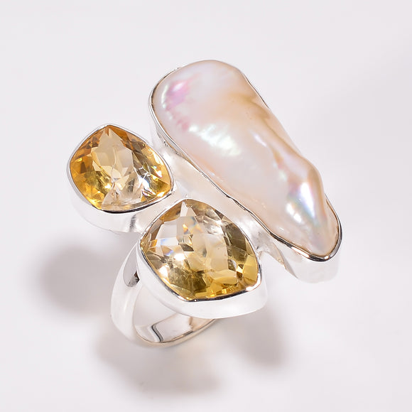 Baroque Pearl Citrine Gemstone  - خاتم اللؤلؤ والسترين | Large Stone