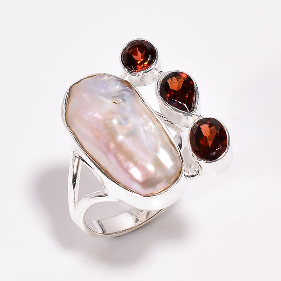 Baroque Pearl Garnet Gemstone - خاتم اللؤلؤ والجارنيت