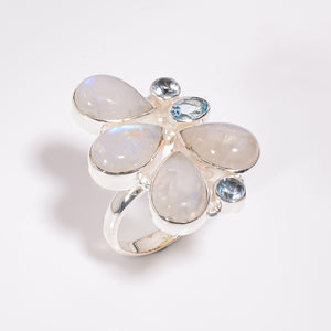 Blue Topaz + Rainbow Moonstone+ Aquamarine ring- خاتم حجر  التوباز الأزرق، وحجر القمر و الاكوامارين