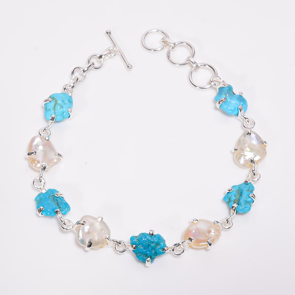 Natural Raw Arizona Turquoise & Baroque Pearl Bracelet- اسوارة الفيروز الازرق و اللؤلؤ