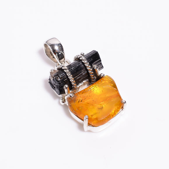 Rough Gemstone Black Tourmaline, Amber   - تعليقة حجر التورمالين الأسود والعنبر