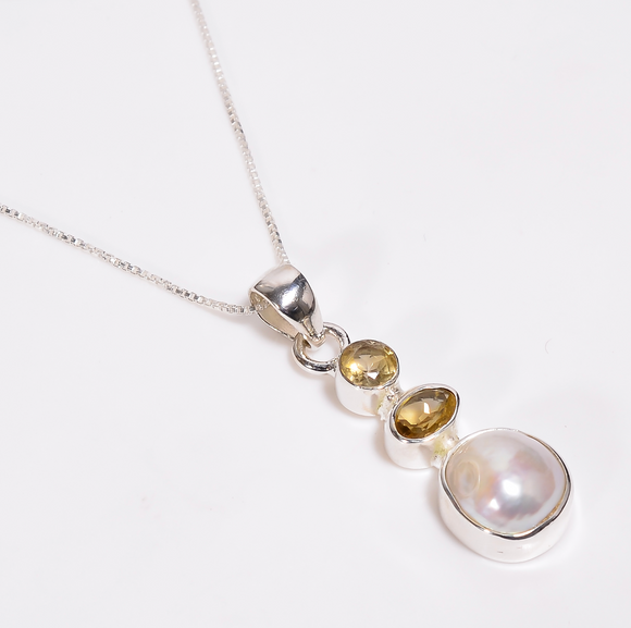 Baroque Pearl Citrine Gemstone Pendant With Box Chain - قلادة اللؤلؤ والسترين