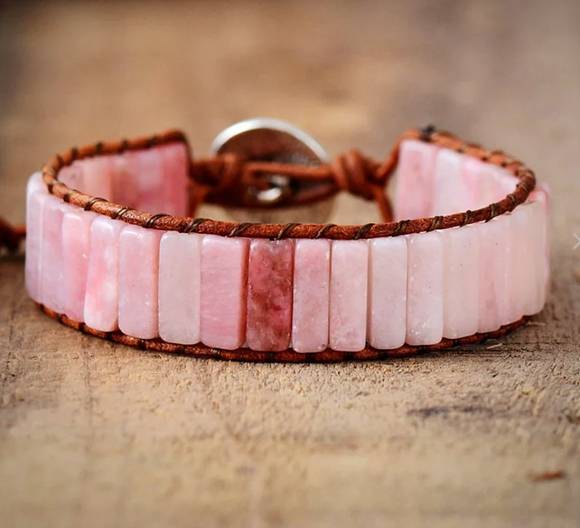 PINK OPAL LEATHER BRACELET - اسوارة الاوبال الوردي | ثقة، اصرار، محبة، قرارات