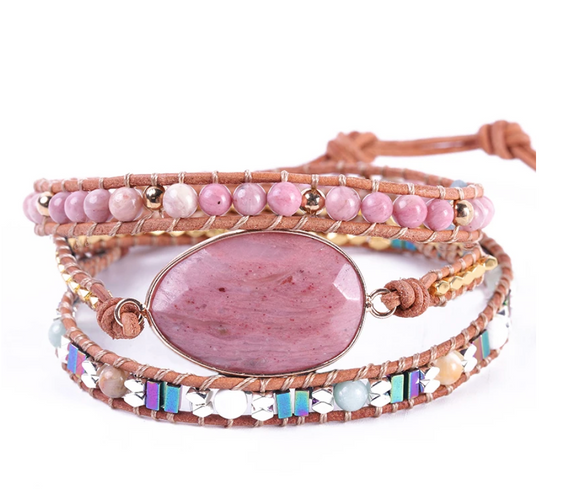 RHODONITE LEATHER BRACELET - اسوارة حجر الروزنايت | يزيد الهدوء، يقلل من المقارنة، يزيد الثقة، التغلب علي العجز