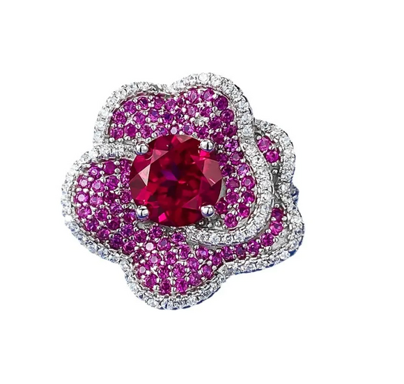Pink Spinel & Ruby & White Topaz Ring - خاتم الإسبنيل الوردي والياقوت الاحمر والتوباز الابيض