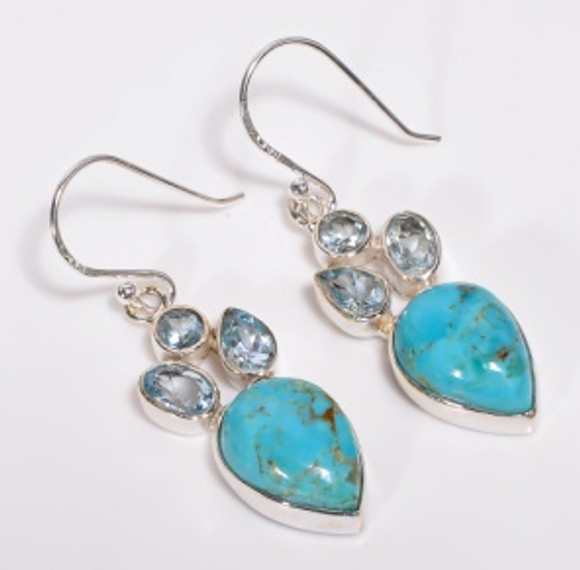 Blue Copper Turquoise Blue Topaz Gemstone   حلق حجر الفيروز والتوباز الازرق