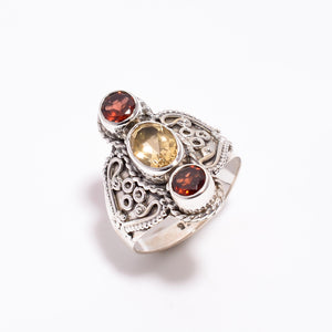 Garnet Citrine Gemstone  Ring-خاتم السترين والجارنيت | فضة معتق أنتيك