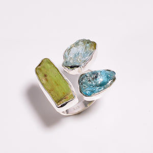 Green Kyanite Sky Apatite Aquamarine Raw Gemstone Ring - خاتم حجر الكاينايت الأخضر