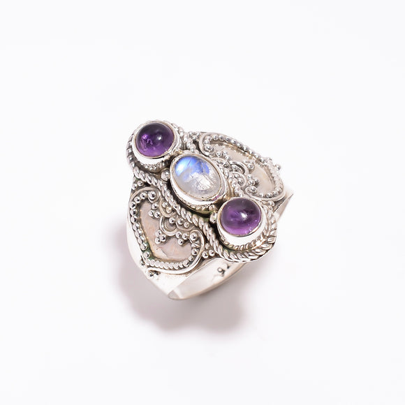 Amethyst Moonstone Ring- | خاتم حجر القمر والامثيست | فضة معتق أنتيك